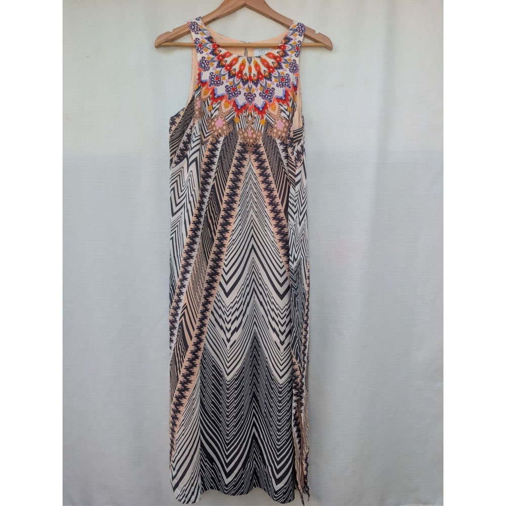 Anthropologie HD in Paris Silk Dress Womens 14 Multicolor Chevron Geometric Maxi
